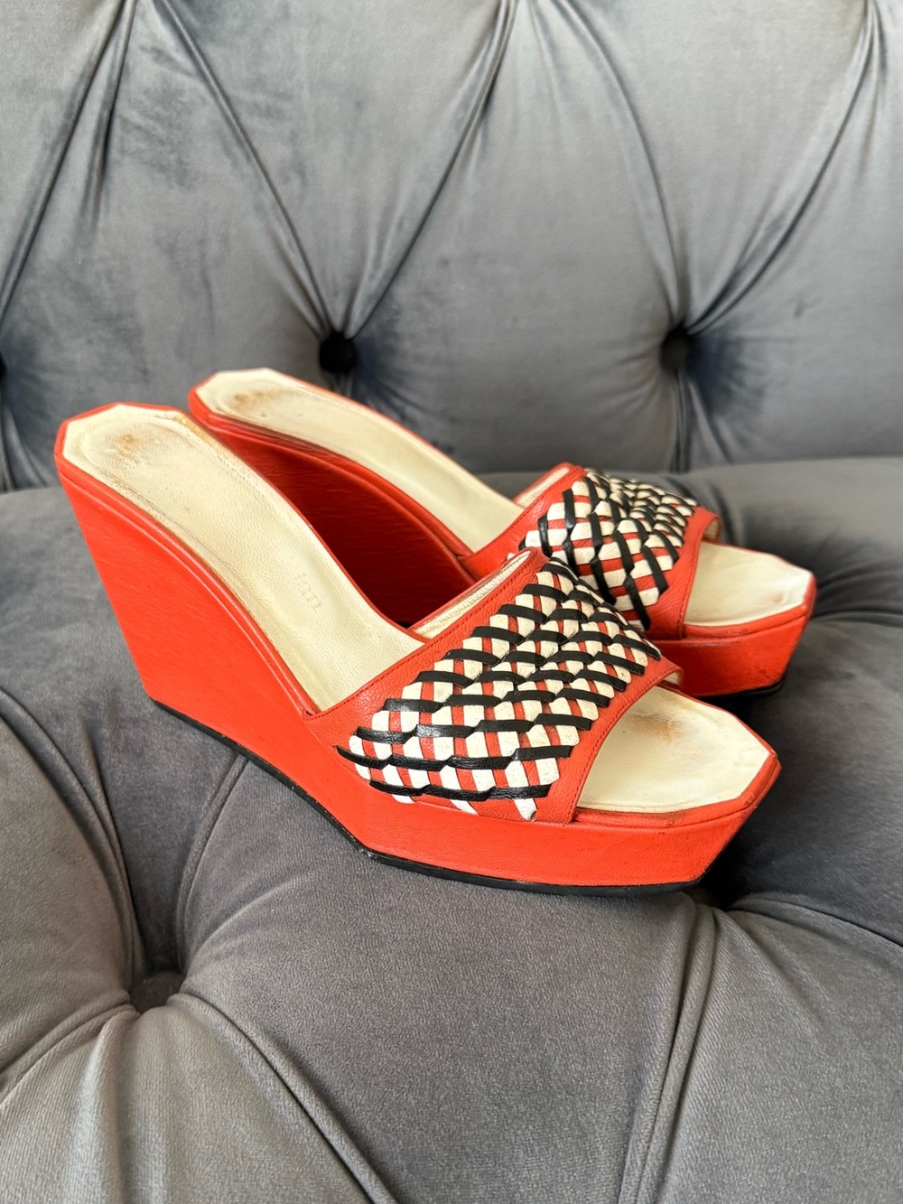 Vintage Stéphane Kélian Paris Orange Leather Woven Platform Wedge Sandals Size 7